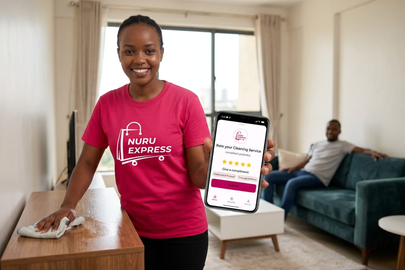 Nuru Express cleaning professional cleaning a modern living room in a Nairobi apartment, homeowner relaxing in the background