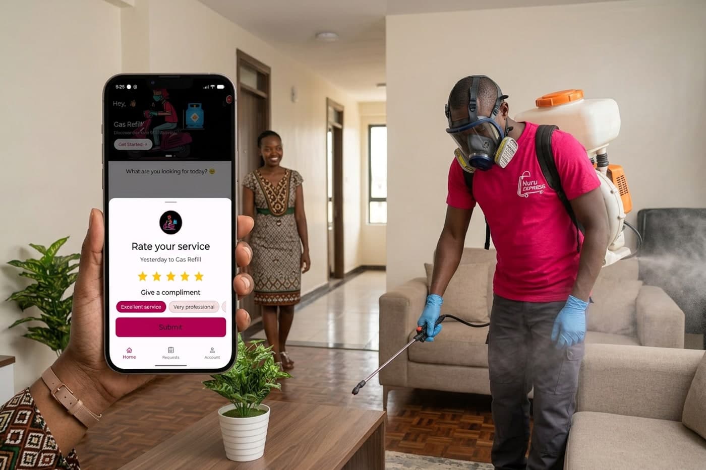 Nuru Express pest control technician arriving at a customer's apartment door in Nairobi with fumigation equipment
