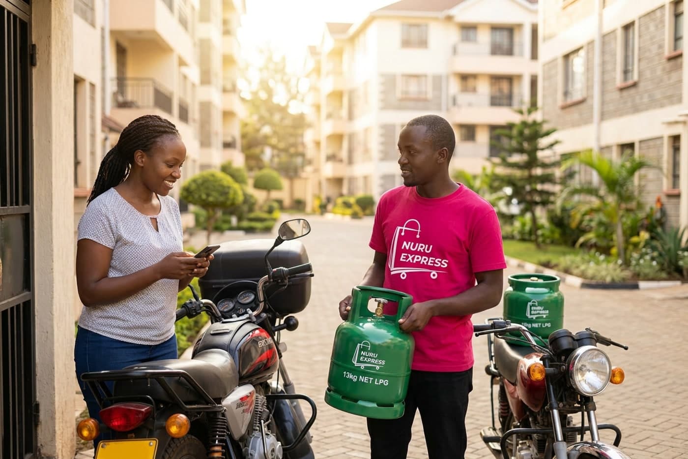 Nuru Express courier delivering an LPG gas cylinder to a customer at her apartment door in Nairobi