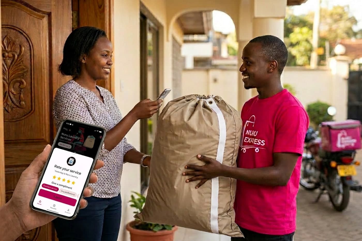 Customer handing a laundry bag to a Nuru Express pickup person at her front door in Nairobi