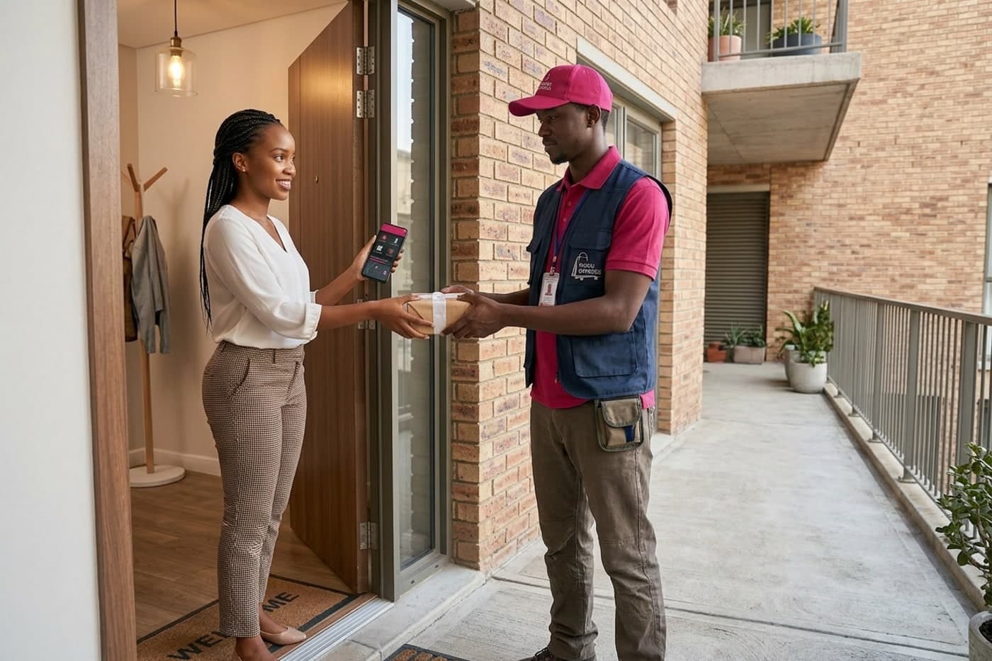 Nuru Express courier handing a parcel to a smiling customer at her apartment door in Nairobi, customer checking the app on her phone